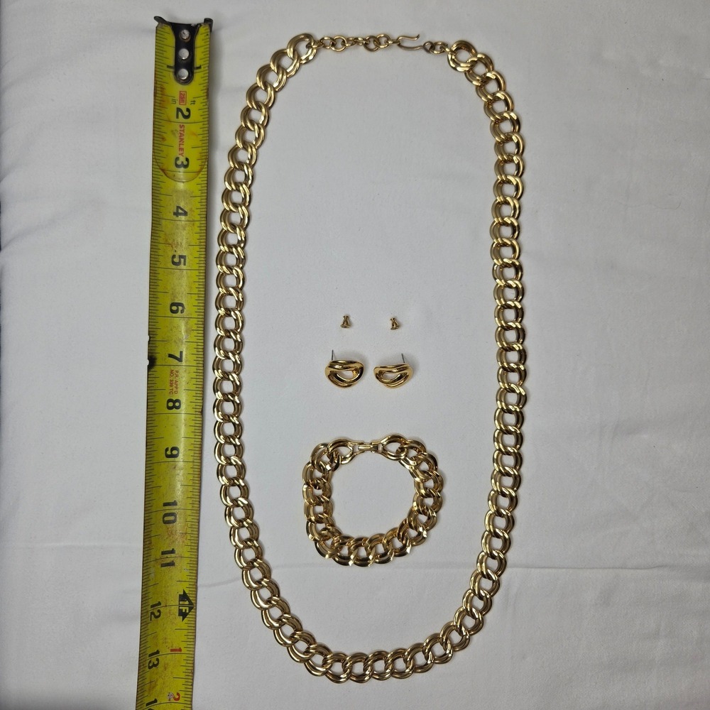 Vintage Monet Gold Tone Curb Chain Necklace Bracelet Stud Earrings Jewelry Set